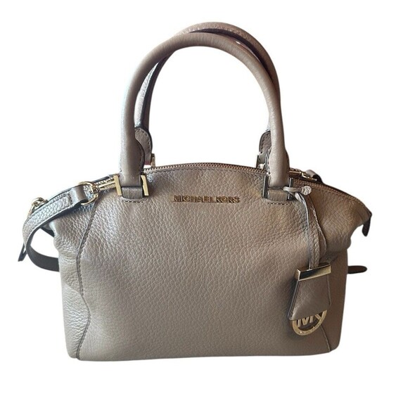 Michael Kors Medium Riley Taupe Leather Satchel Shoulder Crossbody Handbag Purse - Picture 1 of 15